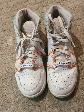 Jordan Kids White High-Top Sneakers with Orange Stitching